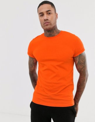 ASOS DESIGN - Oranges T-Shirt mit Rundhalsausschnitt und Rollärmeln