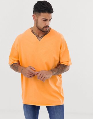 ASOS DESIGN - Oversize-T-Shirt in Orange mit eingekerbtem, grobem Ausschnitt