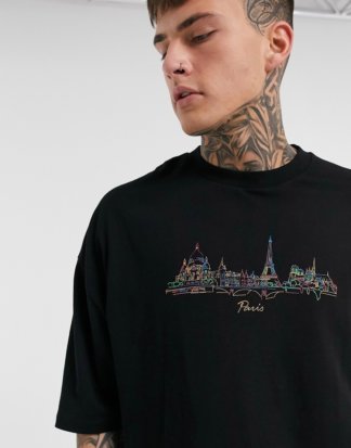 ASOS DESIGN - Oversize-T-Shirt mit French City-Skyline-Schwarz