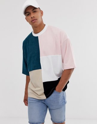 ASOS DESIGN - Oversize-T-Shirt mit Frottee-Patchworkmuster in Farbblockdesign-Mehrfarbig