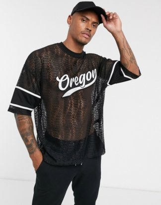 ASOS DESIGN - Oversize-T-Shirt mit Spitzeneinsatz, Farbblockbahnen am Ärmel und Text-Print-Schwarz