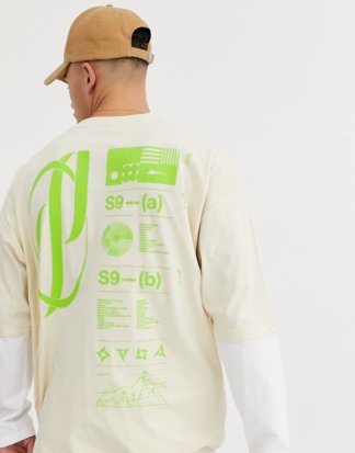 ASOS DESIGN - Oversize-T-Shirt mit großem Schaumprint in Neon hinten und doppellagigen Ärmeln-Beige