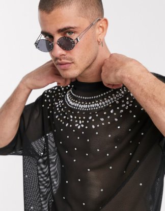 ASOS DESIGN - Oversize-T-Shirt mit halblangen Ärmeln aus Netzstoff mit Schmucksteinen-Schwarz