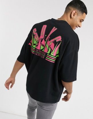 ASOS DESIGN - Oversized - Sportliches Pikee-T-Shirt mit V-Ausschnitt und Aufdruck hinten-Schwarz