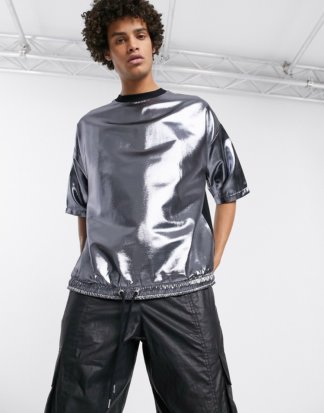 ASOS DESIGN - Oversized-T-Shirt mit halblangen Ärmeln und Kordelzugsaum in Metallic-Silber gewebt