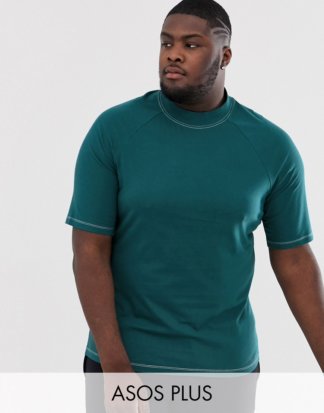 ASOS DESIGN Plus - Grünes Jersey-T-Shirt mit Stehkragen, Raglanärmeln und abgesetzten Ziernähten