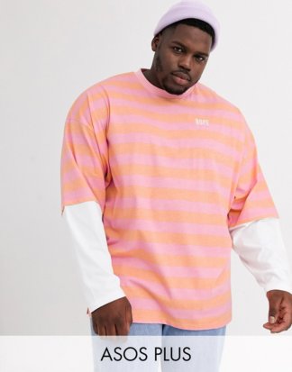 ASOS DESIGN Plus - Lang geschnittenes, langärmliges Oversize-Shirt mit zweilagigen Ärmeln, bestickt und gestreift-Mehrfarbig