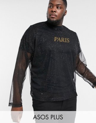 ASOS DESIGN Plus - Langärmliges Oversize-Shirt mit goldenem Folien-City-Print-Schwarz