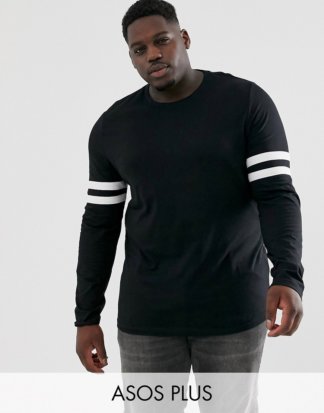 ASOS DESIGN - Plus - Langärmliges Shirt aus schwarzer Bio-Baumwolle mit Stretchanteil und Kontraststreifen an den Ärmeln