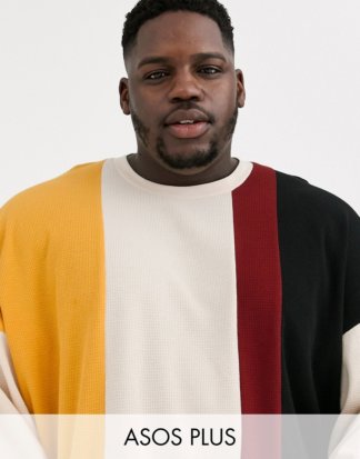 ASOS DESIGN Plus - Langärmliges, schweres Oversize-Shirt mit Waffelstruktur und Farbblockdesign-Mehrfarbig