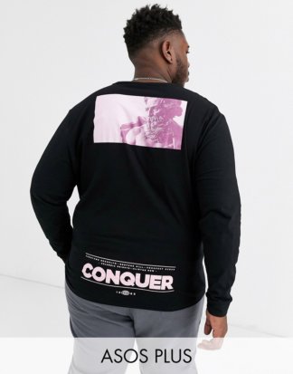 ASOS DESIGN Plus - Legeres, langärmliges Shirt mit großem Print hinten-Schwarz