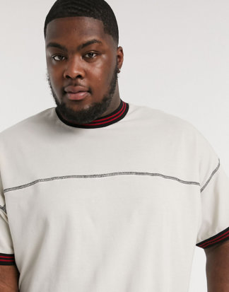 ASOS DESIGN Plus - Oversize-T-Shirt aus Bio-Pikee mit Zierstreifen und abgesetzten Ziernähten-Beige