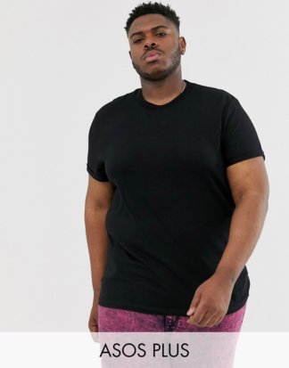 ASOS DESIGN Plus - Schwarzes T-Shirt mit Rundhalsausschnitt und Rollärmeln