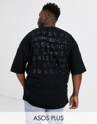 ASOS DESIGN Plus - Sehr langes Oversize-T-Shirt mit glänzendem, farblich abgestimmtem Rückenaufdruck und Seitenschlitzen-Schwarz
