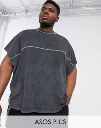 ASOS DESIGN Plus - T-Shirt in extremer Übergröße mit Acid-Waschung und farblich abgesetzten Nähten in Schwarz