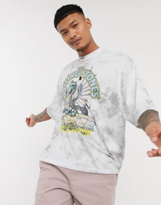 ASOS DESIGN - Rolling Stones - Oversize-T-Shirt mit großem Print vorn und Pastell-Waschung-Mehrfarbig