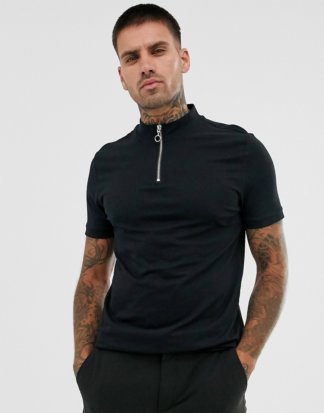 ASOS DESIGN - Schwarzes Bio-T-Shirt mit Rollkragen und Reißverschluss