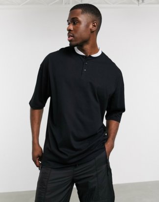 ASOS DESIGN - Schwarzes Oversize-T-Shirt mit kontrastierendem Grandadkragen