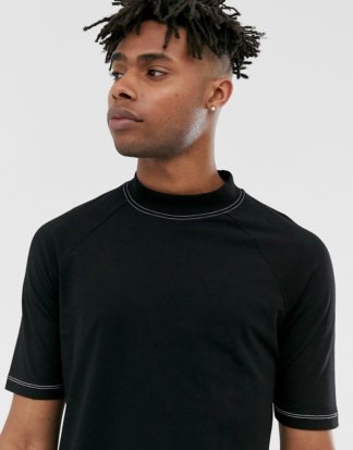 ASOS DESIGN - Schwarzes Raglan-T-Shirt aus Jersey mit Stehkragen und abgesetzten Ziernähten