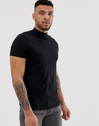 ASOS DESIGN - Schwarzes T-Shirt aus Bio-Jersey mit Stehkragen