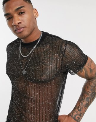 ASOS DESIGN - Schwarzes T-Shirt aus glitzerndem, geripptem Netzstoff