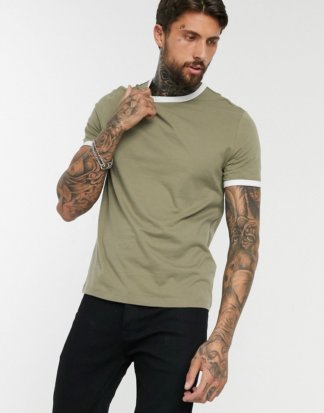 ASOS DESIGN - T-Shirt aus Bio-Baumwolle mit Ringer-Rücken in Khaki-Mehrfarbig