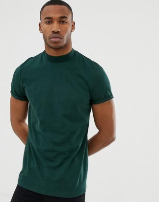 ASOS DESIGN - T-Shirt aus Jersey mit Stehkragen und Rollärmeln in Grün
