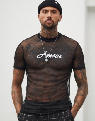 ASOS DESIGN - T-Shirt aus feinem Mesh mit hervorstehendem Print-Schwarz