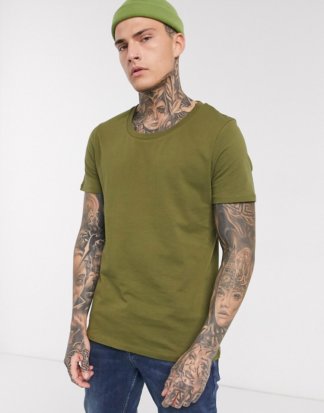 ASOS DESIGN - T-Shirt in Khaki mit U-Ausschnitt-Grün