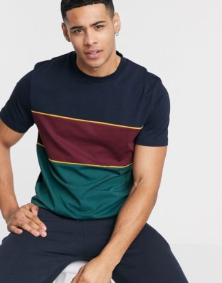 ASOS DESIGN - T-Shirt mit Blockfarben und Paspelierung in Marine-Navy