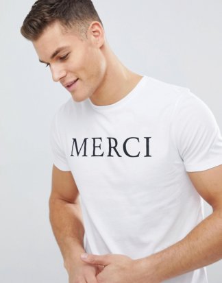 ASOS DESIGN - T-Shirt mit Merci-Slogan-Weiß