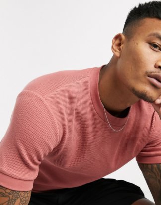 ASOS DESIGN - T-Shirt mit Waffelstruktur in Rosa