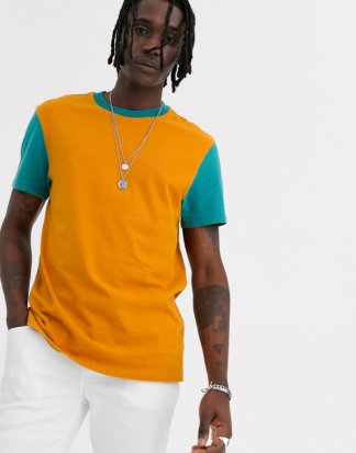 ASOS DESIGN - T-Shirt mit kontrastfarbenen Ärmeln aus schwerem, verwaschenem Jersey-Orange