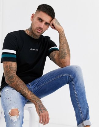 ASOS DESIGN - T-Shirt mit Ärmeln im Farbblockdesign mit Authentic-Textprint-Schwarz