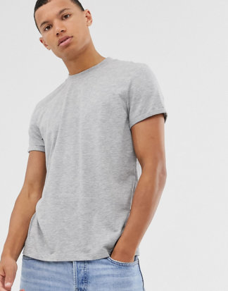 ASOS DESIGN Tall - Kalkgraues T-Shirt mit Rundhalsausschnitt und Rollärmeln