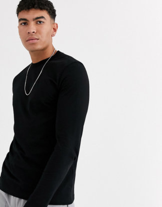 ASOS DESIGN - Tall - Langärmliges, schwarzes T-Shirt mit Rundhalsausschnitt