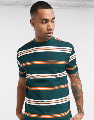 ASOS DESIGN Tall - Lässiges, gestreiftes Pikee-T-Shirt aus Bio-Baumwolle, in Grün