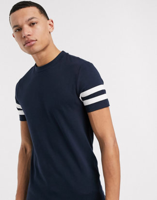 ASOS DESIGN Tall - Marineblaues T-Shirt aus Bio-Baumwolle mit kontrastierenden Ärmelstreifen-Navy