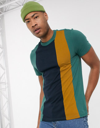 ASOS DESIGN Tall - Marineblaues T-Shirt aus Bio-Material mit vertikalem Farbblockdesign-Grün