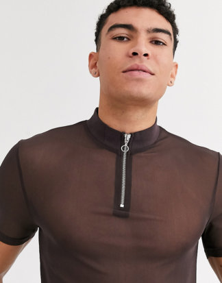 ASOS DESIGN Tall - Muskel-T-Shirt aus feinem Netzmaterial mit Reißverschluss am Kragen-Braun