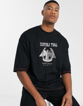 ASOS DESIGN Tall - Oversize-T-Shirt aus Bio-Baumwolle mit Kontrastnähten und Adler-Stickerei-Schwarz