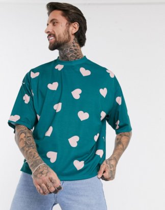 ASOS DESIGN - Valentines - Übergroßes T-Shirt mit Herzprint-Grün