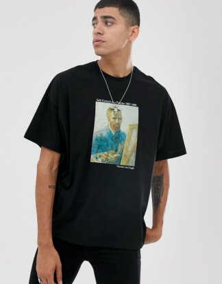 ASOS DESIGN - Vincent Van Gogh - Oversize-T-Shirt mit platziertem Print-Schwarz