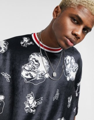 ASOS DESIGN - Weihnachten - Oversize-T-Shirt aus Velours mit Santa Clause-Print-Mehrfarbig