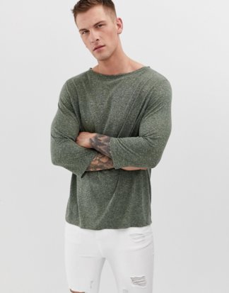 ASOS DESIGN - Weites T-Shirt mit 3/4-Ärmeln und U-Boot-Ausschnitt aus Leinenmischung-Grün