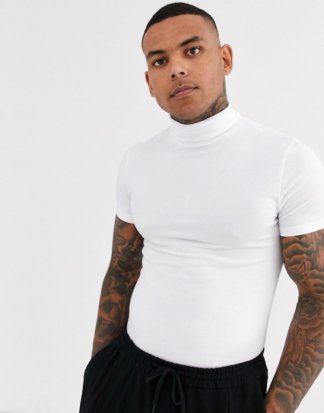 ASOS DESIGN - Weißes Muskel-T-Shirt aus Jersey mit Rollkragen