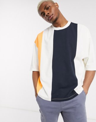 ASOS DESIGN - Übergroßes Pikee-T-Shirt mit halblangen Ärmeln und vertikalem Farbblockdesign-Navy