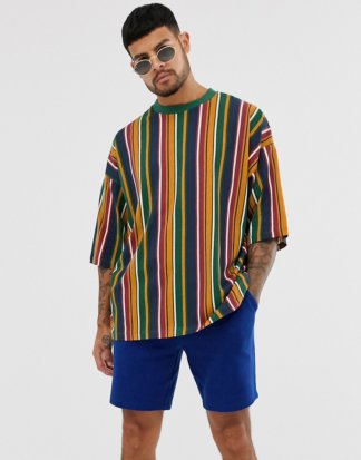 ASOS DESIGN - Übergroßes T-Shirt mit vertikalen Retro-Streifen-Mehrfarbig