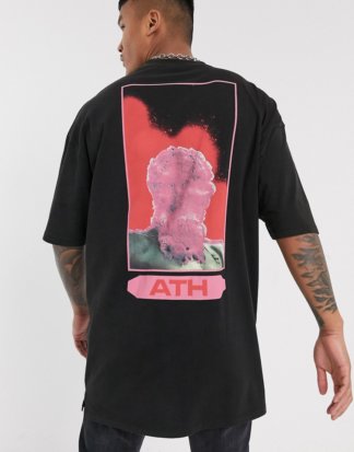ASOS DESIGN - Übergroßes, langes T-Shirt mit Print vorn und hinten in Acid-Waschung-Mehrfarbig