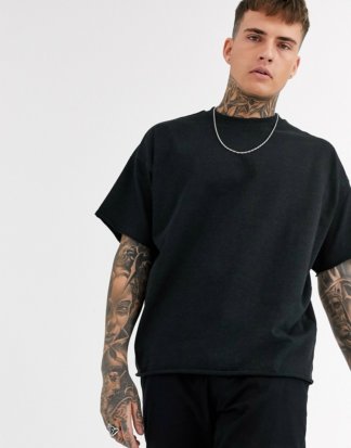 ASOS DESIGN - Übergroßes, schweres T-Shirt mit Rundhalsausschnitt und Fransensaum in schwarzem Kalk